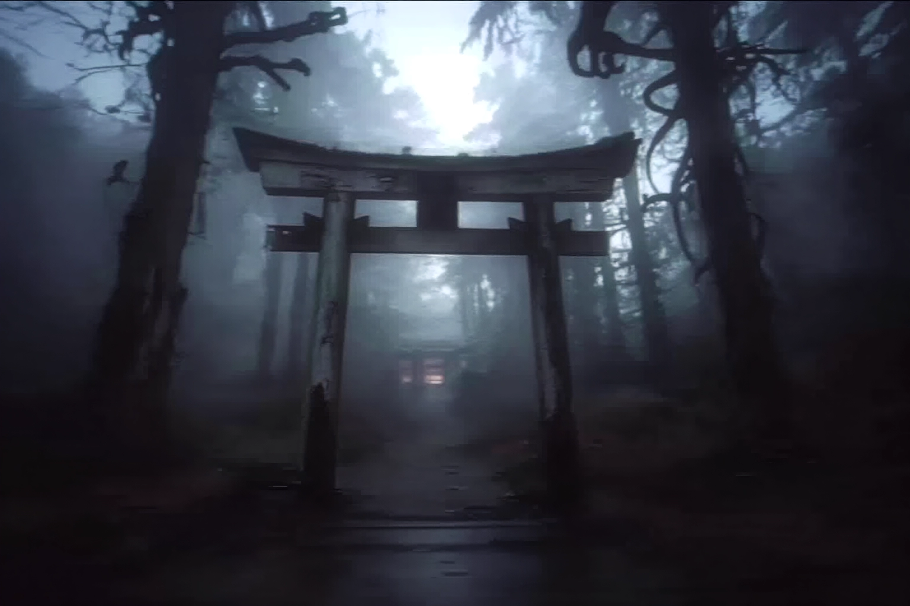 A torii gate in a mist-filled forest, with a lone silhouette on the path